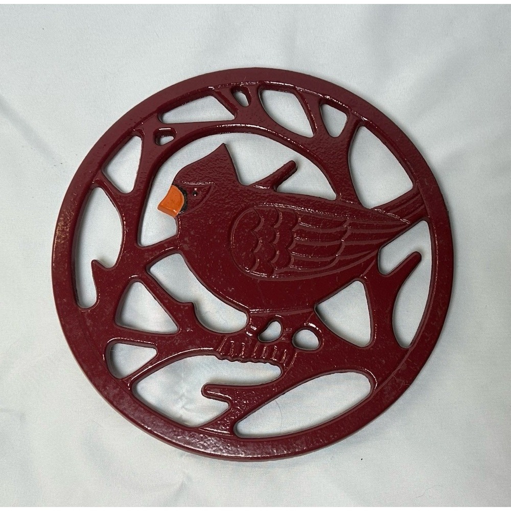 Yuletide Cardinal Bird Trivet Red Enamel Heavy Duty Cast Iron 8" Round Decor